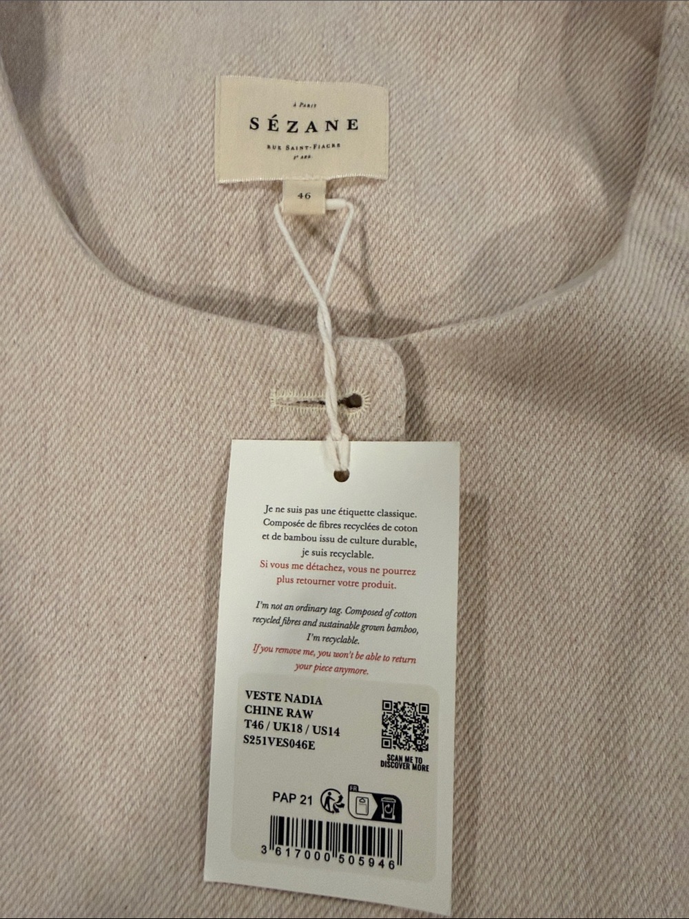 Sezane Nadia Jacket, Mottled Ecru, Size US 14, EU 46 - Picture 3 of 4